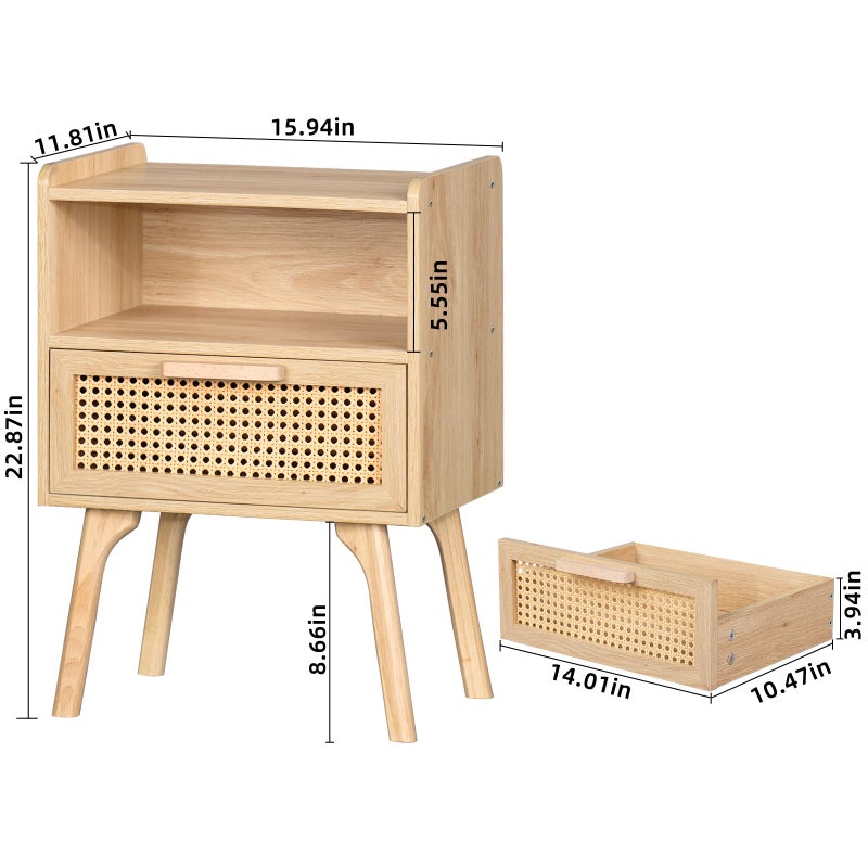 Lerliuo Rattan Nightstand, Boho Side Table with Drawer Open Shelf, Cane Accent Bedside End Table with Solid Wood Legs for Bedroom, Dorm and Small Spaces (Natural) - Image 5