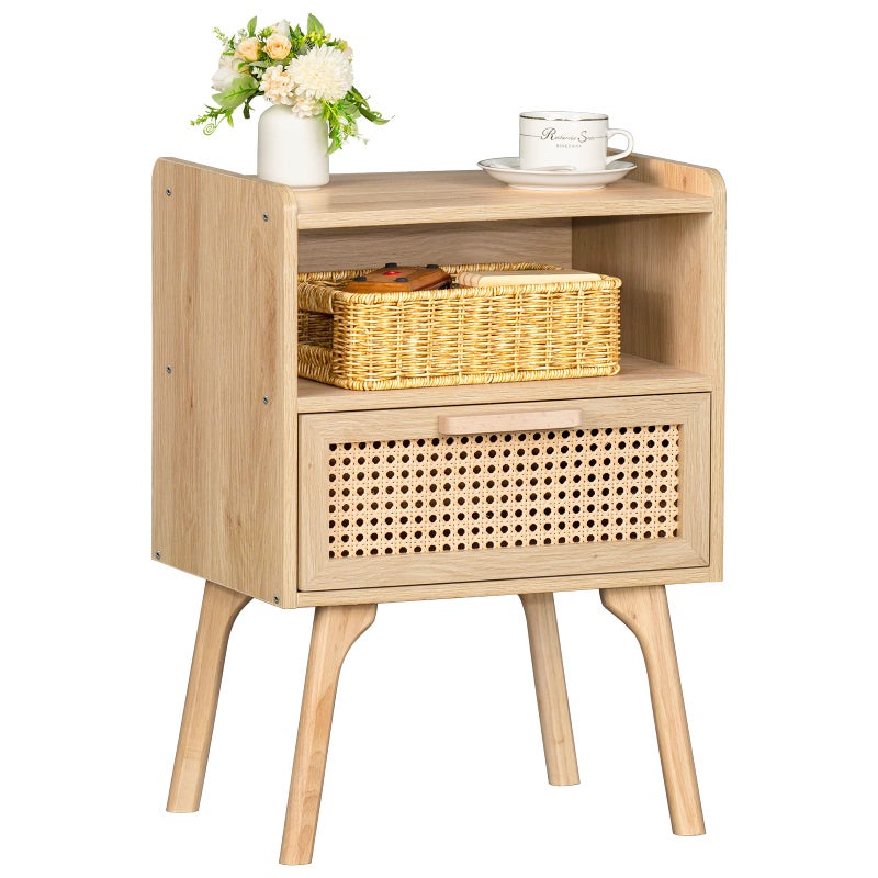 Lerliuo Rattan Nightstand, Boho Side Table with Drawer Open Shelf, Cane Accent Bedside End Table with Solid Wood Legs for Bedroom, Dorm and Small Spaces (Natural) - Image 1