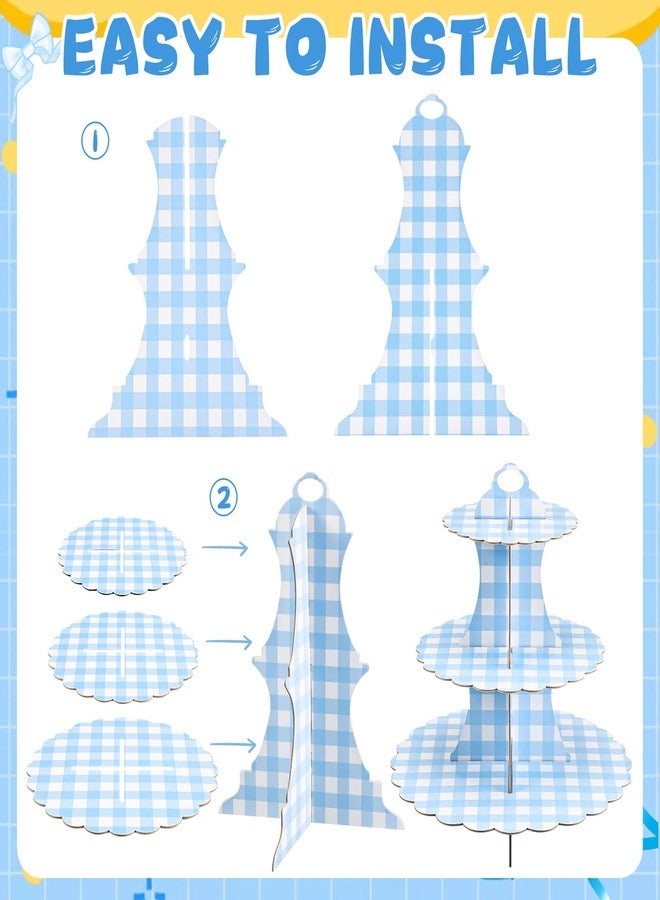 Willinglong 1 Pcs Gingham 3 Tier Cardboard Cupcake Stand Silly Goose Paper Cupcake Stand Tower Tiered Cup Cake Dessert Display Holder for Birthday Baby Shower Party Supplies Decorations (Blue) - Image 3