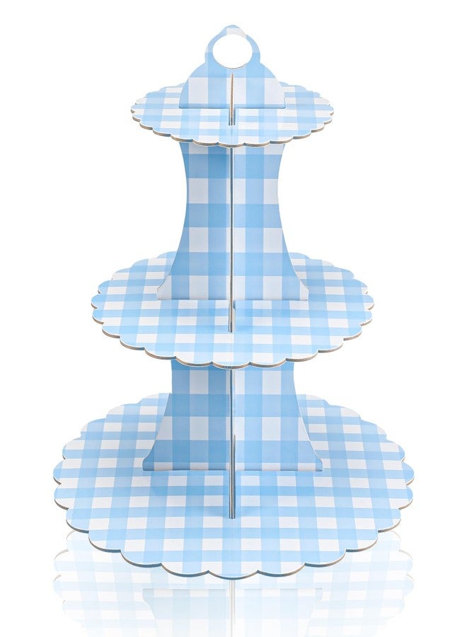 Willinglong 1 Pcs Gingham 3 Tier Cardboard Cupcake Stand Silly Goose Paper Cupcake Stand Tower Tiered Cup Cake Dessert Display Holder for Birthday Baby Shower Party Supplies Decorations (Blue) - Image 1