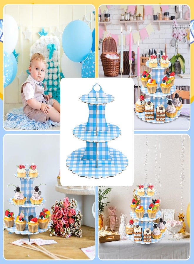 Willinglong 1 Pcs Gingham 3 Tier Cardboard Cupcake Stand Silly Goose Paper Cupcake Stand Tower Tiered Cup Cake Dessert Display Holder for Birthday Baby Shower Party Supplies Decorations (Blue) - Image 5