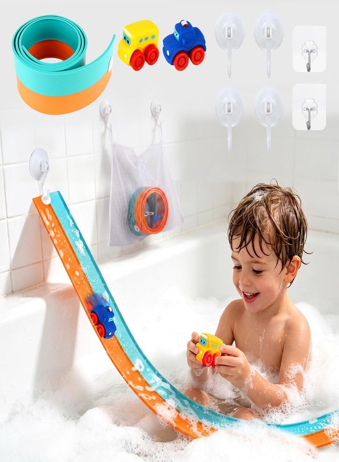 Fantspati Race Car Bath Toy Set, 10-Piece Long Flexible Dual-Color Bathtub Track Set with 2 Mini Cars, Mesh Storage Bag, Strong Suction Cups, Adhesive Hooks- DIY Bathtub Water Slide Toys for Kids Ages 3+ - Image 1