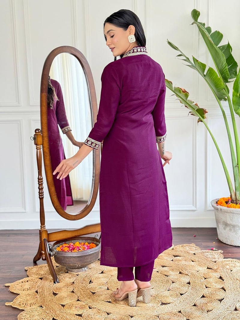 Naixa Women's Maroon Viscose Silk Embroidered Straight Kurta with Viscose Silk Pant and Chinon Printed Dupatta Sets (NX-586-Maroon-L) - Image 4