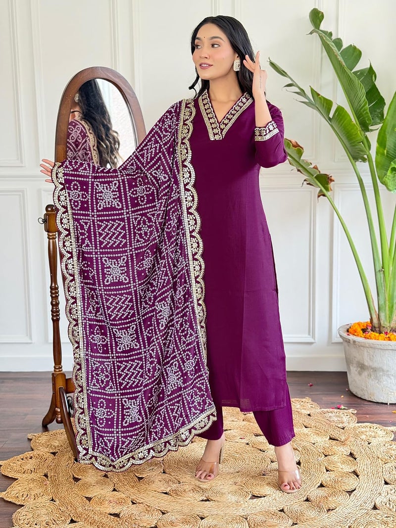 Naixa Women's Maroon Viscose Silk Embroidered Straight Kurta with Viscose Silk Pant and Chinon Printed Dupatta Sets (NX-586-Maroon-L) - Image 2