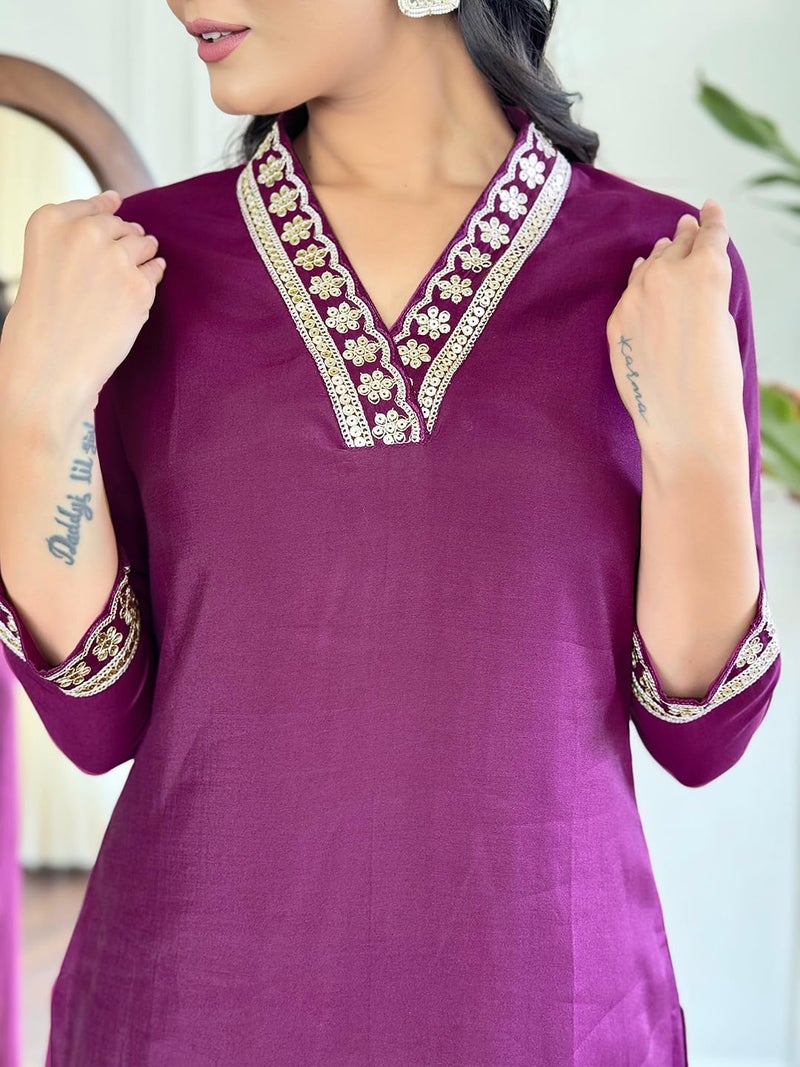 Naixa Women's Maroon Viscose Silk Embroidered Straight Kurta with Viscose Silk Pant and Chinon Printed Dupatta Sets (NX-586-Maroon-L) - Image 5