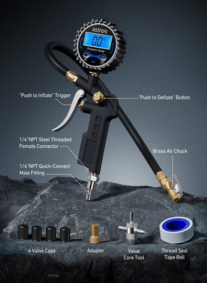 AstroAI Digital Tire Pressure Gauge with Inflator, 3-250 PSI Air Chuck & Compressor Accessories Heavy Duty with Quick Connect Coupler, 0.1 Display Resolution (Standard with Case) - Image 4