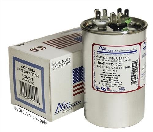 AMRAD 50 + 5 uf/Mfd Round Dual Universal Capacitor • AmRad USA2237 - Used for 370 or 440 VAC, Made in The U.S.A. - Image 1