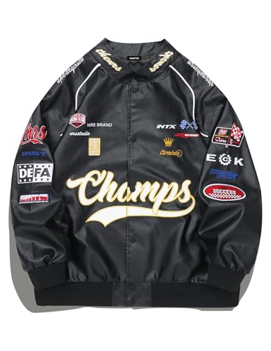 Vamtac Faux Leather Motocross Jackets Oversized Vintage Racing Varsity Bomber Coat Men Trendy Streetwear Black XLarge - Image 1