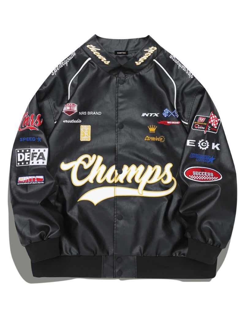 Vamtac Faux Leather Motocross Jackets Oversized Vintage Racing Varsity Bomber Coat Men Trendy Streetwear Black XLarge - Image 2