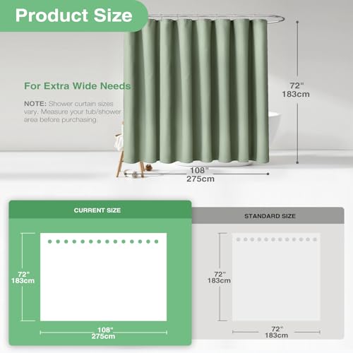 Dynamene Extra Wide Shower Curtain-108 Inch Wide Waffle Weave Weighted Thick Cloth Bathroom Shower Curtain, Neutral Heavy Duty Hotel Bath Curtain Set with 18 Plastic Hooks,108x72, Sage Green - Image 3