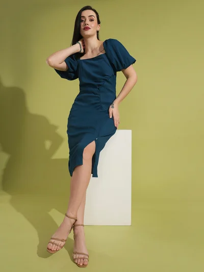 globus Women Puff Sleeve Sheath Midi Dress