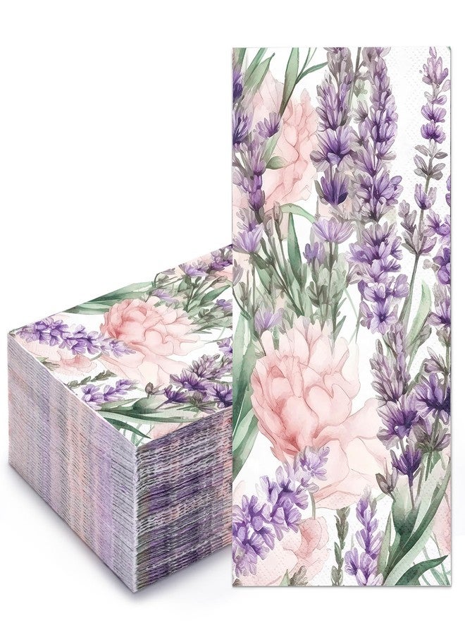 WRAPAHOLIC 50Pcs Purple Lavender Floral Guest Napkins - 3-Ply Guest Disposable Hand Towels for Bathroom, Spring Summer Floral Wedding Birthday Tea Party - 4.3 x 7.9 In - Image 1