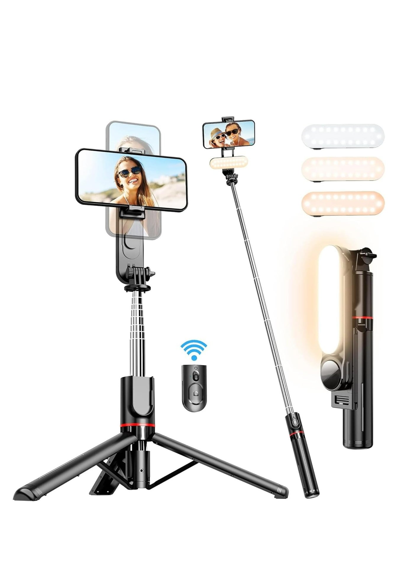 43.7(110cm)Selfie Stick Tripod, Extendable Tripod with Rechargeable Bluetooth Remote,Removable fill light, Compatible with iPhone and Android Smartphones, Perfect for Travel, Vlog, Video and Photo,