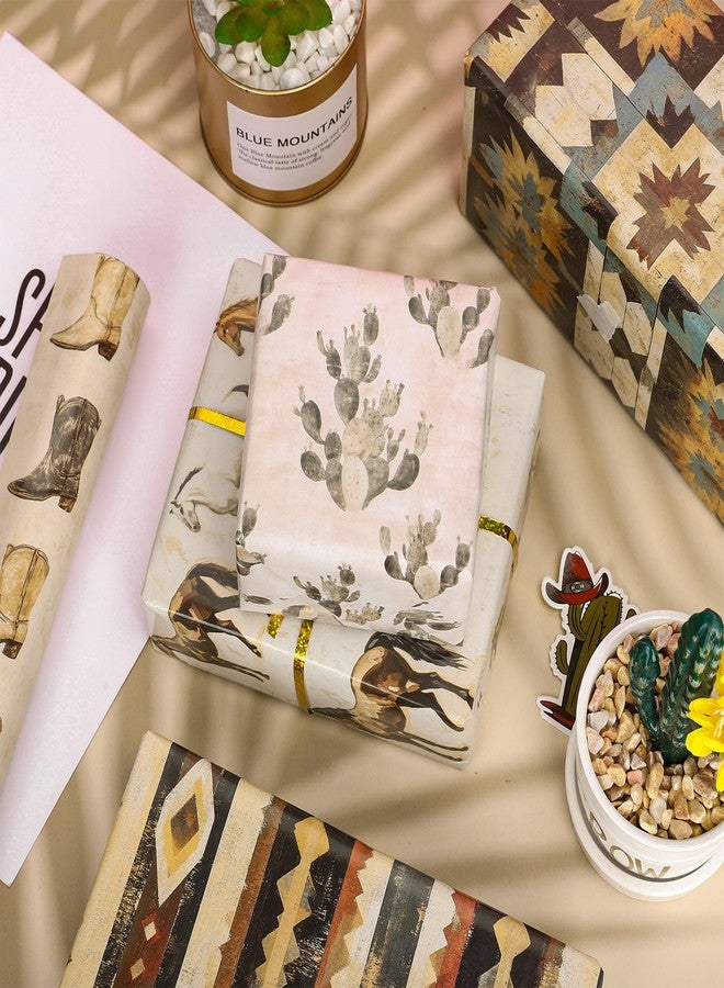 FYSUIMU 12 Sheets Western Cowboy Wrapping Paper - Not Roll - Vintage Cow Horse Cactus Gift Wrap Paper Folded Flat for DIY Crafts Wild West Rodeo Birthday, 19.7 x 27.6 Inch - Image 4