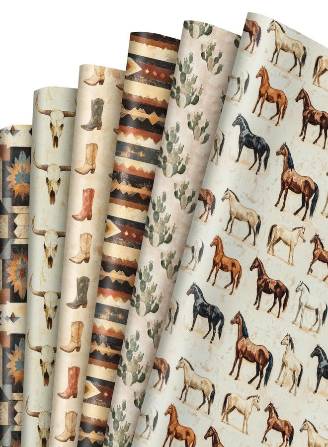 FYSUIMU 12 Sheets Western Cowboy Wrapping Paper - Not Roll - Vintage Cow Horse Cactus Gift Wrap Paper Folded Flat for DIY Crafts Wild West Rodeo Birthday, 19.7 x 27.6 Inch - Image 1