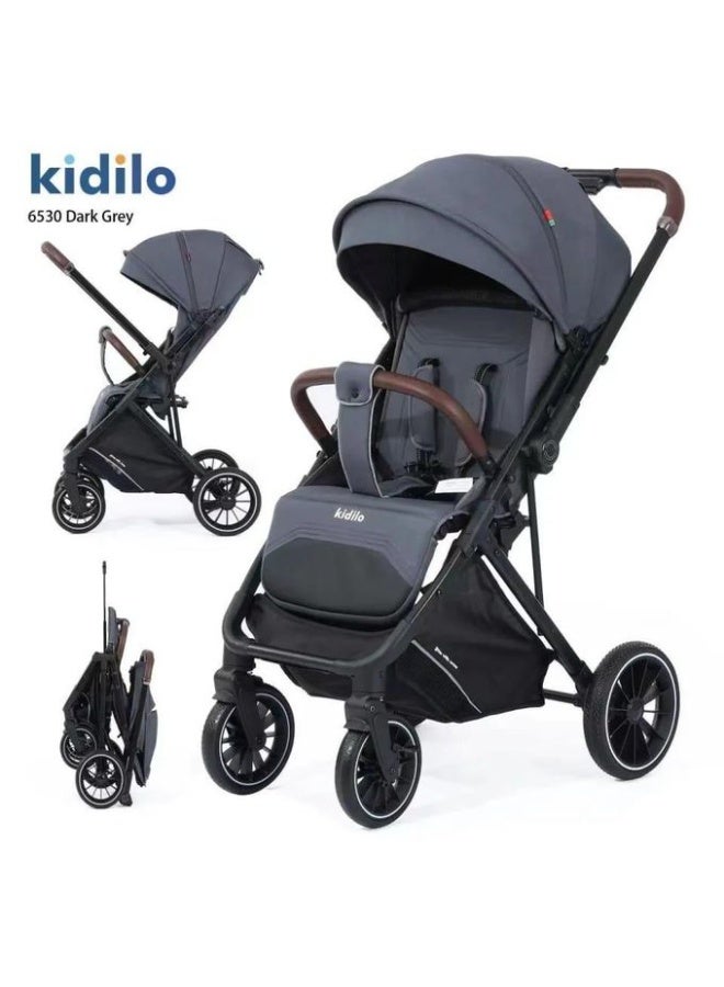 Kidilo 6530 Lightweight Foldable Baby Stroller With Adjustable Canopy And Leather Handle - Dark Grey