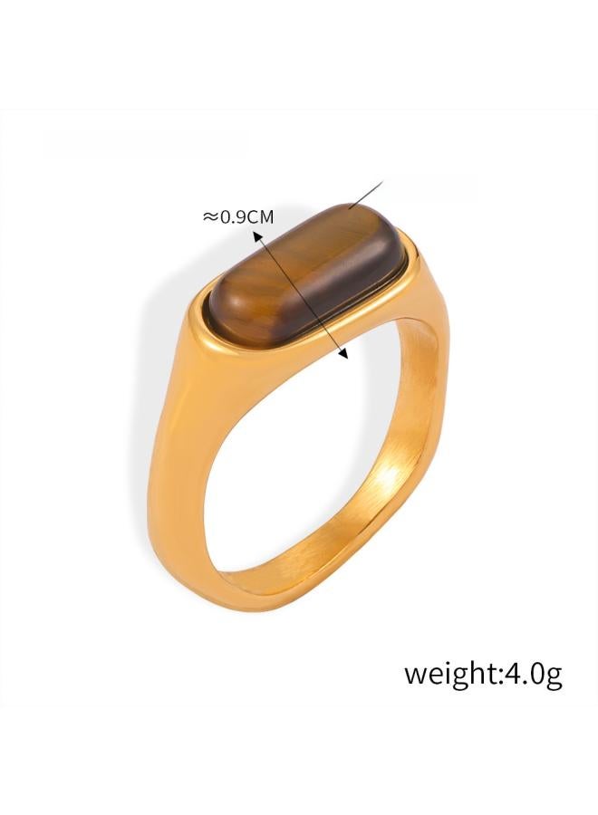 Maillard Style Retro Niche Personalized Geometric Jewelry Light Luxury Inlaid Tiger's Eye Design Sense Titanium Steel Gold-plated Ring