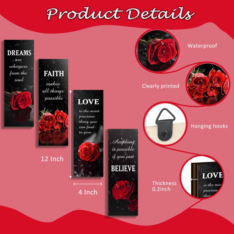 DONFENTHY 4 Pcs Red Bathroom Decor Red Rose Wooden Wall Decor Inspirational Farmhouse Signs With Faith Love Dream Believe Positive Words For Women Office Bedroom Home Living Room Gift(12x4Inch) - Image 4