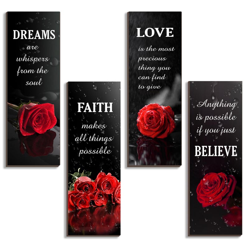 DONFENTHY 4 Pcs Red Bathroom Decor Red Rose Wooden Wall Decor Inspirational Farmhouse Signs With Faith Love Dream Believe Positive Words For Women Office Bedroom Home Living Room Gift(12x4Inch) - Image 1
