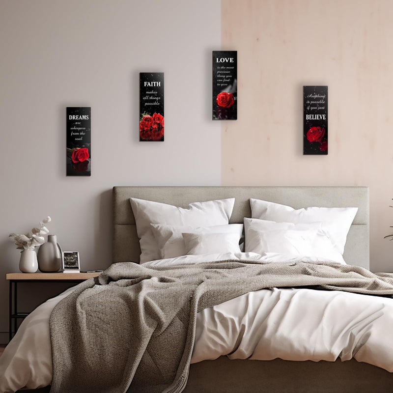 DONFENTHY 4 Pcs Red Bathroom Decor Red Rose Wooden Wall Decor Inspirational Farmhouse Signs With Faith Love Dream Believe Positive Words For Women Office Bedroom Home Living Room Gift(12x4Inch) - Image 5