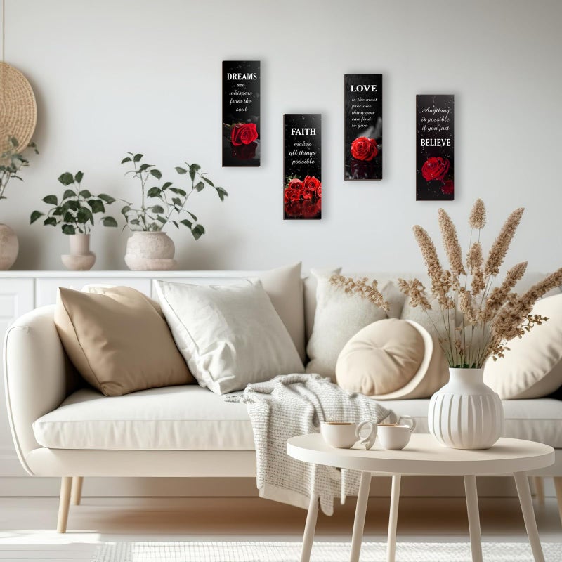 DONFENTHY 4 Pcs Red Bathroom Decor Red Rose Wooden Wall Decor Inspirational Farmhouse Signs With Faith Love Dream Believe Positive Words For Women Office Bedroom Home Living Room Gift(12x4Inch) - Image 3