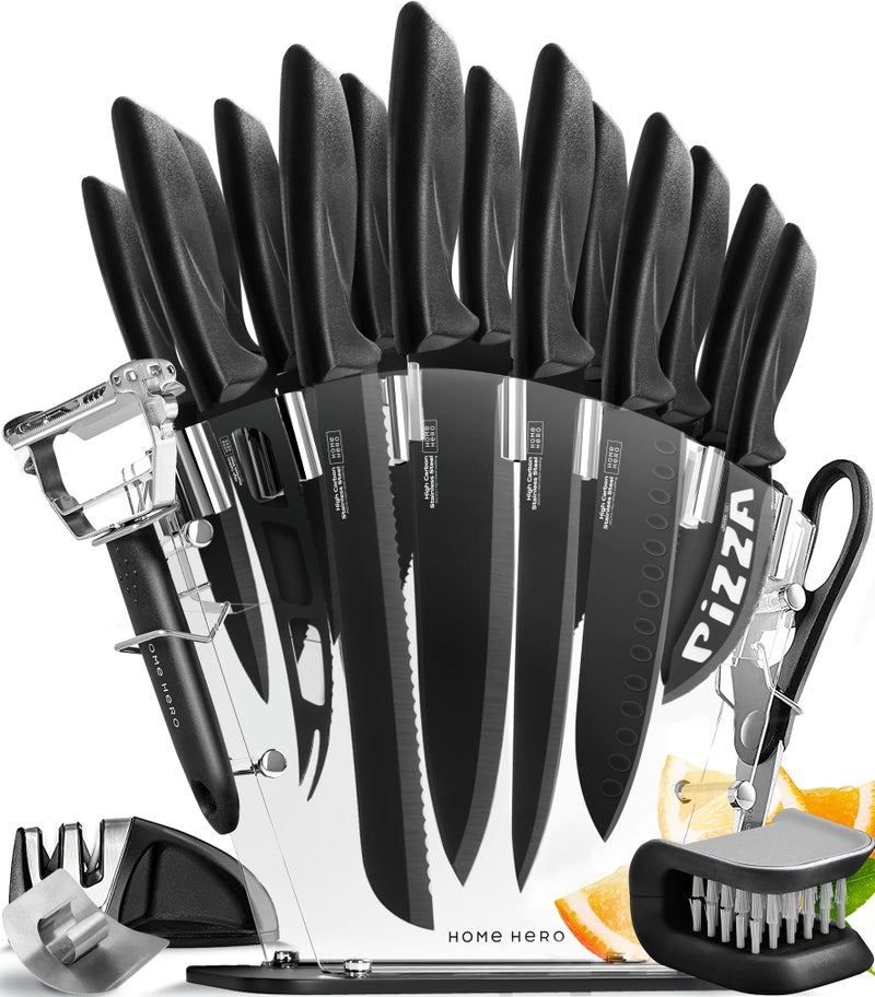 HomeHero Home Hero Kitchen Knife Set with Sharpener - High Carbon Stainless Steel Knife Block Set with Ergonomic Handles (20 Pcs - Black) - Image 1