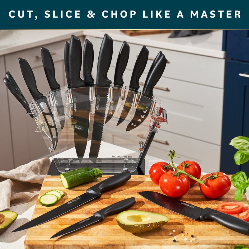 HomeHero Home Hero Kitchen Knife Set with Sharpener - High Carbon Stainless Steel Knife Block Set with Ergonomic Handles (20 Pcs - Black) - Image 3
