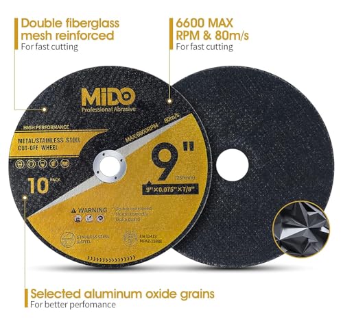 MIDO PROFESSIONAL ABRASIVE 10 Pack Cut Off Wheels 9 Inch Cutting Wheel 9” x .075” x 7/8” Metal&Stainless Steel Cutting Disc Fit for Angle Grinder - Image 2
