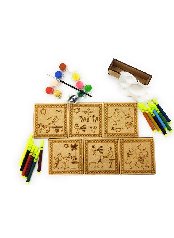 StepsToDo Wooden Warli Paint Kit B. Tea Coaster Set. Warli Art. Set of 6 of Wooden Base of 4 inch. with Wooden Case, Sketch Pens, Colours, Painting Brush and Dish - Image 2
