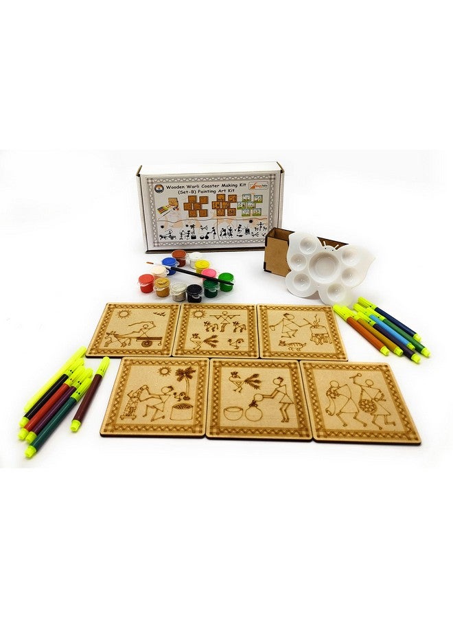StepsToDo Wooden Warli Paint Kit B. Tea Coaster Set. Warli Art. Set of 6 of Wooden Base of 4 inch. with Wooden Case, Sketch Pens, Colours, Painting Brush and Dish - Image 4