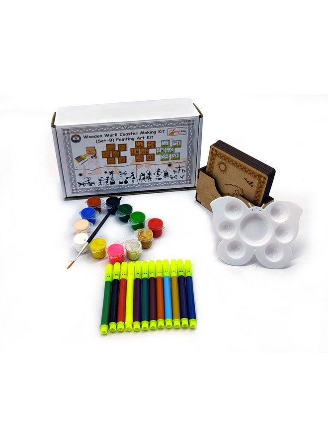 StepsToDo Wooden Warli Paint Kit B. Tea Coaster Set. Warli Art. Set of 6 of Wooden Base of 4 inch. with Wooden Case, Sketch Pens, Colours, Painting Brush and Dish - Image 1