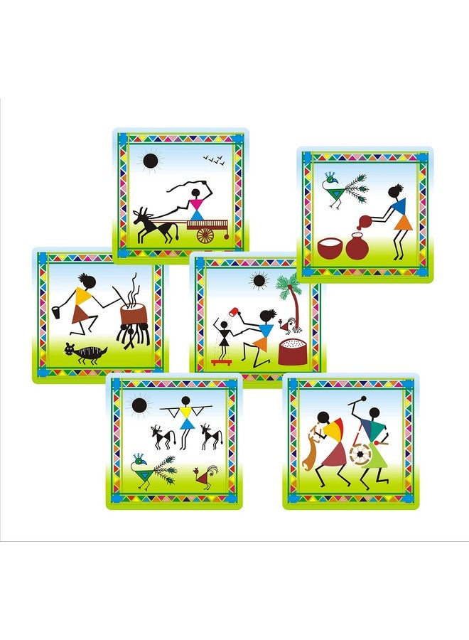 StepsToDo Wooden Warli Paint Kit B. Tea Coaster Set. Warli Art. Set of 6 of Wooden Base of 4 inch. with Wooden Case, Sketch Pens, Colours, Painting Brush and Dish - Image 5