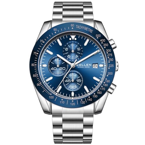 SOLLEN Mens Chronograph Watches, Analog Quartz Watch for Men, Big Face Stainless Steel Watch with Calendar, 30M Waterproof Business Work Casual Dress Designer Mens Wrist Watches, Elegant Gifts for Men - Image 1