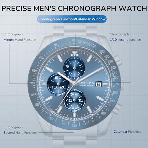 SOLLEN Mens Chronograph Watches, Analog Quartz Watch for Men, Big Face Stainless Steel Watch with Calendar, 30M Waterproof Business Work Casual Dress Designer Mens Wrist Watches, Elegant Gifts for Men - Image 4