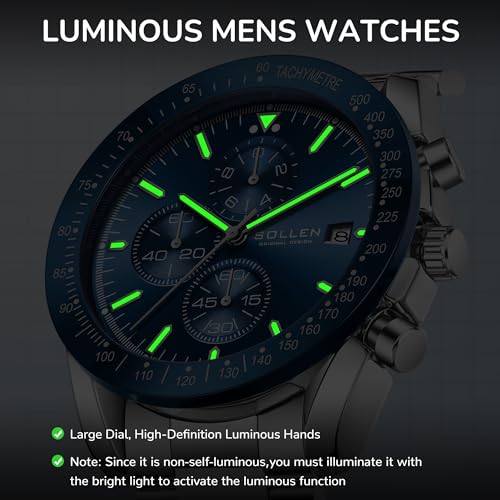 SOLLEN Mens Chronograph Watches, Analog Quartz Watch for Men, Big Face Stainless Steel Watch with Calendar, 30M Waterproof Business Work Casual Dress Designer Mens Wrist Watches, Elegant Gifts for Men - Image 5
