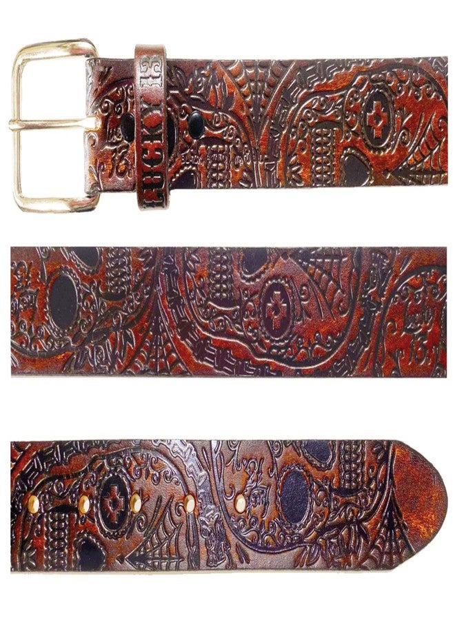 Lucky 13 Men's Dead Skull Embossed Leather Belt Antiqued Brown XL - Image 2