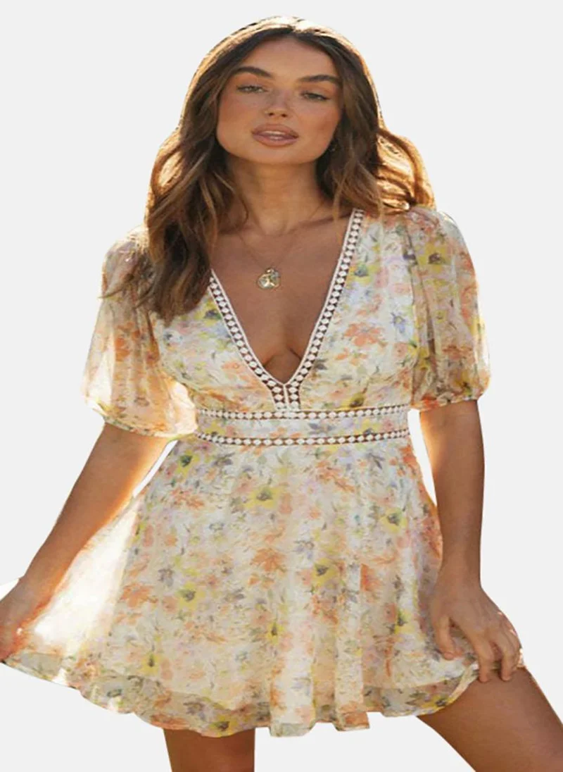 يونيكي White Floral Print Chiffon Fit & Flare Dress