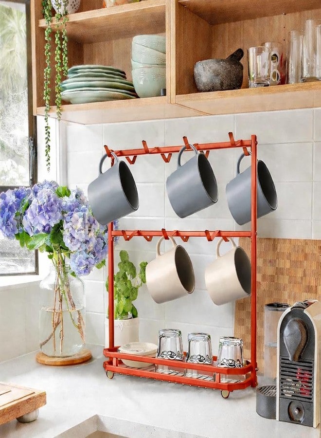 OGFC 57549 Large Coffee Mug Holder Stand Countertop for 14 Mugs, 2 Tier Counter Mug Display Storage, Metal Wire Tea Cup Holder for Coffee Station Kitchen Organizer, Not Included Mugs - Red - Image 2