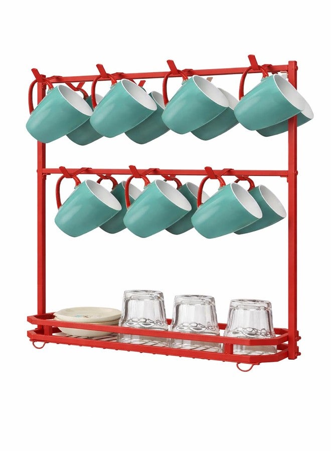 OGFC 57549 Large Coffee Mug Holder Stand Countertop for 14 Mugs, 2 Tier Counter Mug Display Storage, Metal Wire Tea Cup Holder for Coffee Station Kitchen Organizer, Not Included Mugs - Red - Image 1