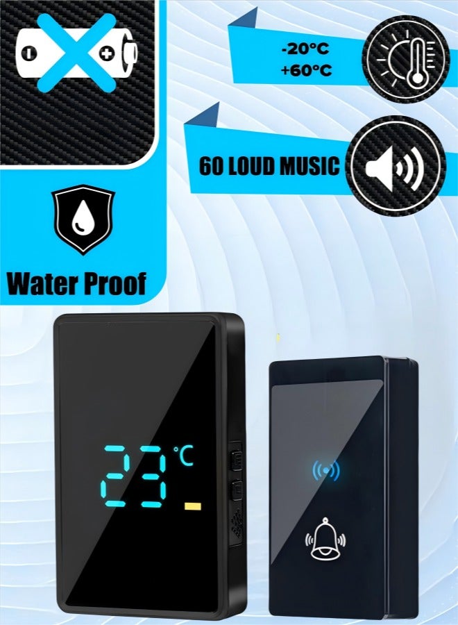 جرس باب لاسلكي مقاوم للماء مع فلاش LED، 60 صوتًا و5 مستويات من الصوت، جرس باب لاسلكي للمنزل والمكتب والشقق والفنادق والمستودعات ومضاد للسرقة باللون الأسود - Image 1