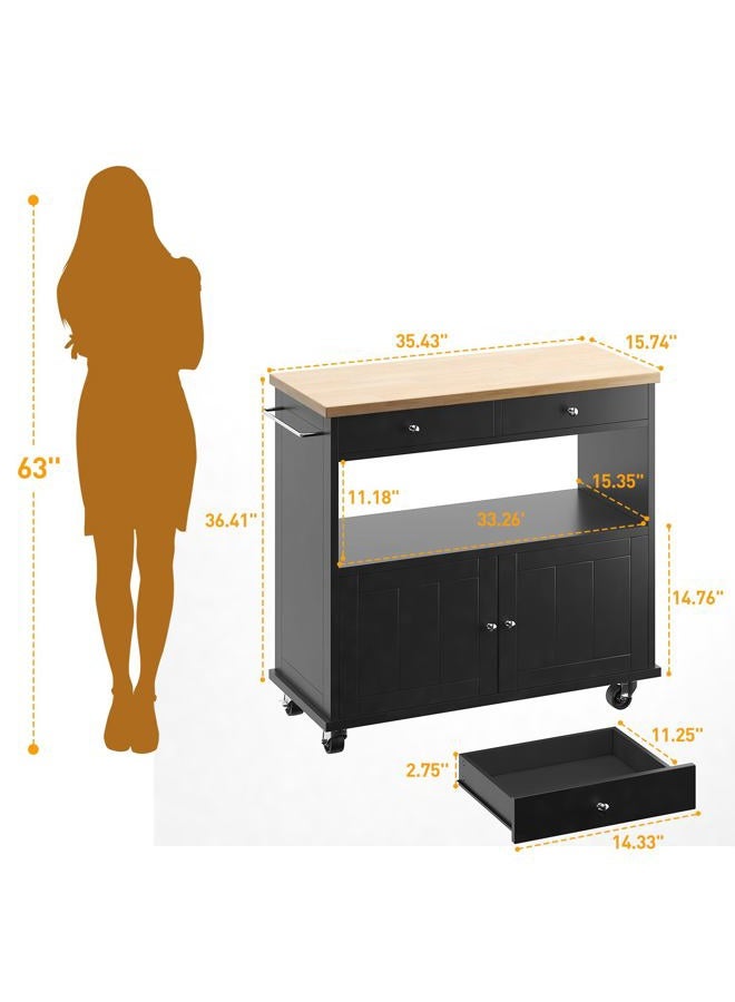 knoworld Rolling Kitchen Island with Storage Cabinet, 35.4'' Width Kitchen Cart, 2 Drawers Island Table, Portable Mobile Kitchen Island with Towel Rack, Wood Top and Lockable Wheels, Black - Image 4