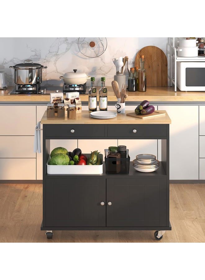 knoworld Rolling Kitchen Island with Storage Cabinet, 35.4'' Width Kitchen Cart, 2 Drawers Island Table, Portable Mobile Kitchen Island with Towel Rack, Wood Top and Lockable Wheels, Black - Image 3