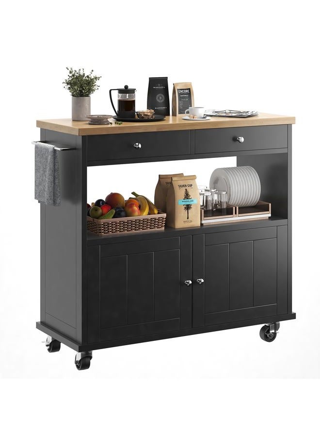 knoworld Rolling Kitchen Island with Storage Cabinet, 35.4'' Width Kitchen Cart, 2 Drawers Island Table, Portable Mobile Kitchen Island with Towel Rack, Wood Top and Lockable Wheels, Black - Image 1