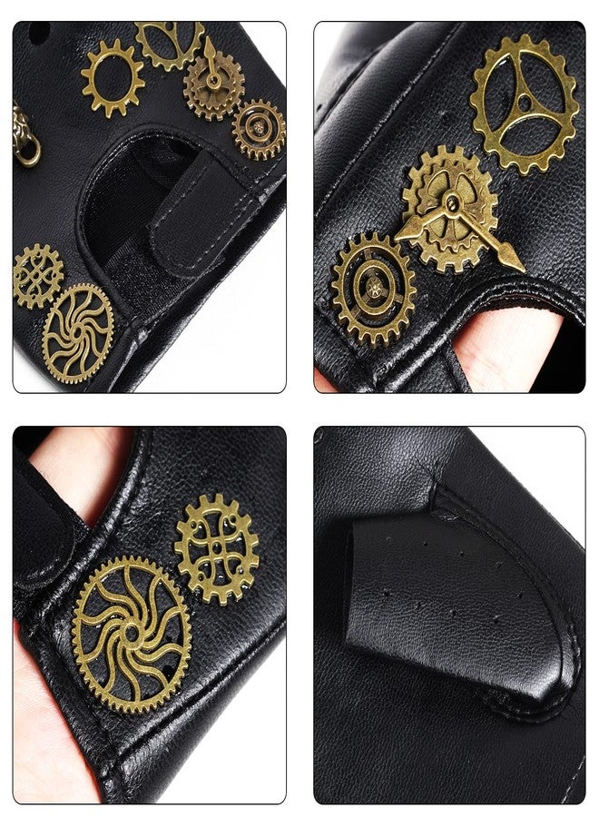 Fumwase Steampunk Gloves PU Leather Gothic Vintage Gloves Fingerless Mittens Heavy Metal with Gears Rocker for Halloween Cosplay Dress Up Role Play Costume Performance Accessories - Image 3