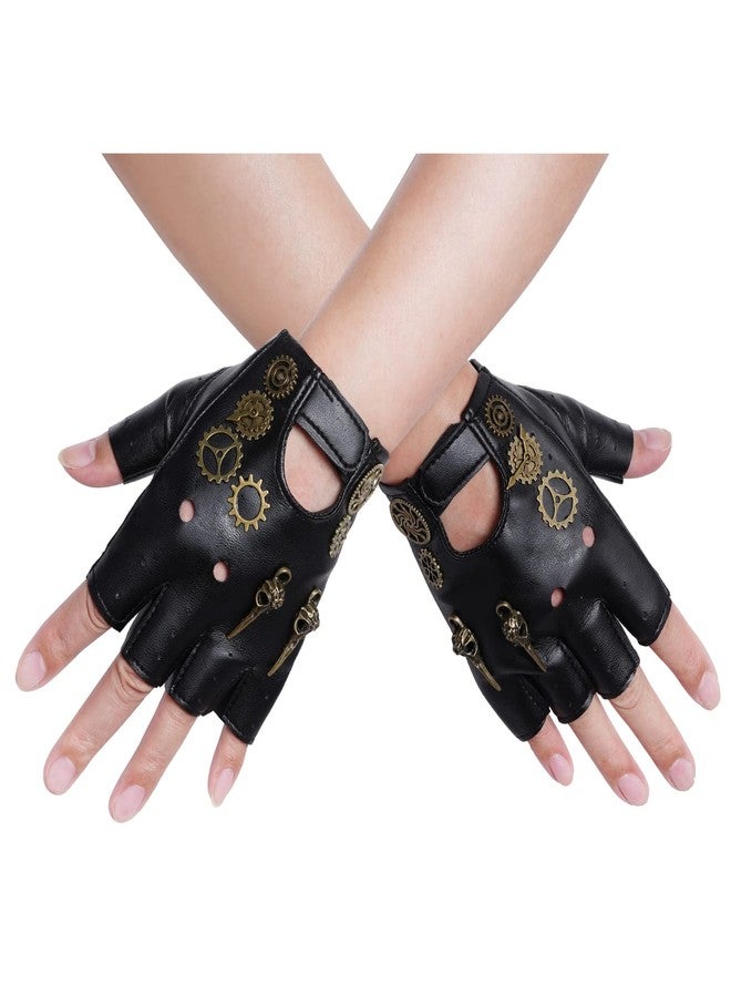Fumwase Steampunk Gloves PU Leather Gothic Vintage Gloves Fingerless Mittens Heavy Metal with Gears Rocker for Halloween Cosplay Dress Up Role Play Costume Performance Accessories - Image 4