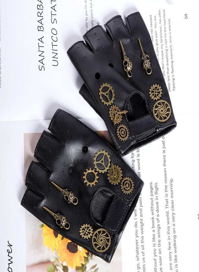 Fumwase Steampunk Gloves PU Leather Gothic Vintage Gloves Fingerless Mittens Heavy Metal with Gears Rocker for Halloween Cosplay Dress Up Role Play Costume Performance Accessories - Image 5