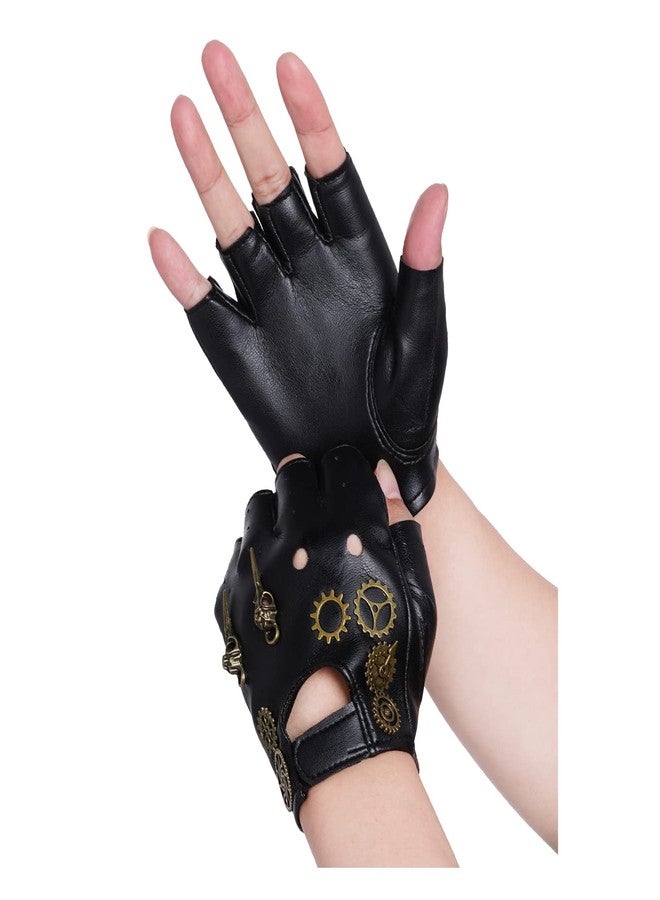 Fumwase Steampunk Gloves PU Leather Gothic Vintage Gloves Fingerless Mittens Heavy Metal with Gears Rocker for Halloween Cosplay Dress Up Role Play Costume Performance Accessories - Image 1