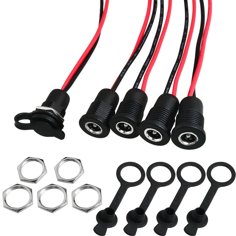 LUORNG 5Pcs 10A DC099 Power Jack Cord Socket Threaded Female Mount Connector Adapter with Presoldered Wires and Waterproof Cover Cap 55 x 21 MM