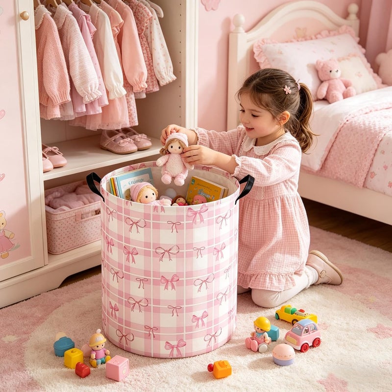 FXOCSHE Baby Laundry hamper,Kids Laundry Basket,Baby Nursery Hamper,Waterproof foldable laundry basket for boys and girls,toy storage box,Kid Room Decor(Pink Grid) - Image 4
