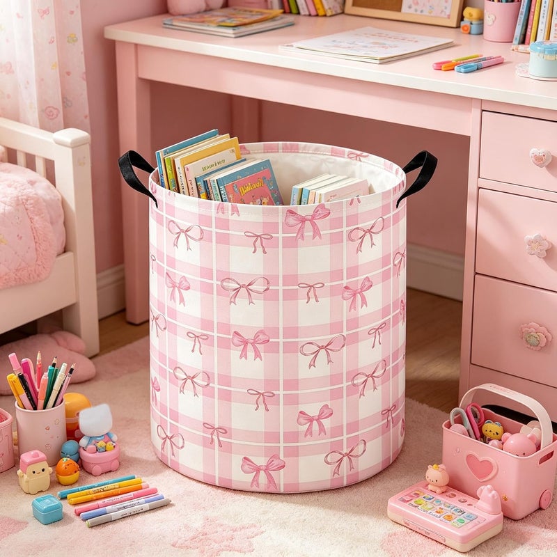 FXOCSHE Baby Laundry hamper,Kids Laundry Basket,Baby Nursery Hamper,Waterproof foldable laundry basket for boys and girls,toy storage box,Kid Room Decor(Pink Grid) - Image 3